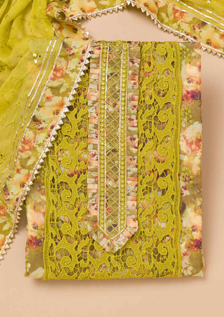 Parrot Green Printed Organza Unstitched Salwar Suit