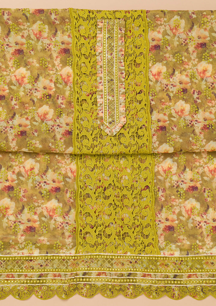Parrot Green Printed Organza Unstitched Salwar Suit