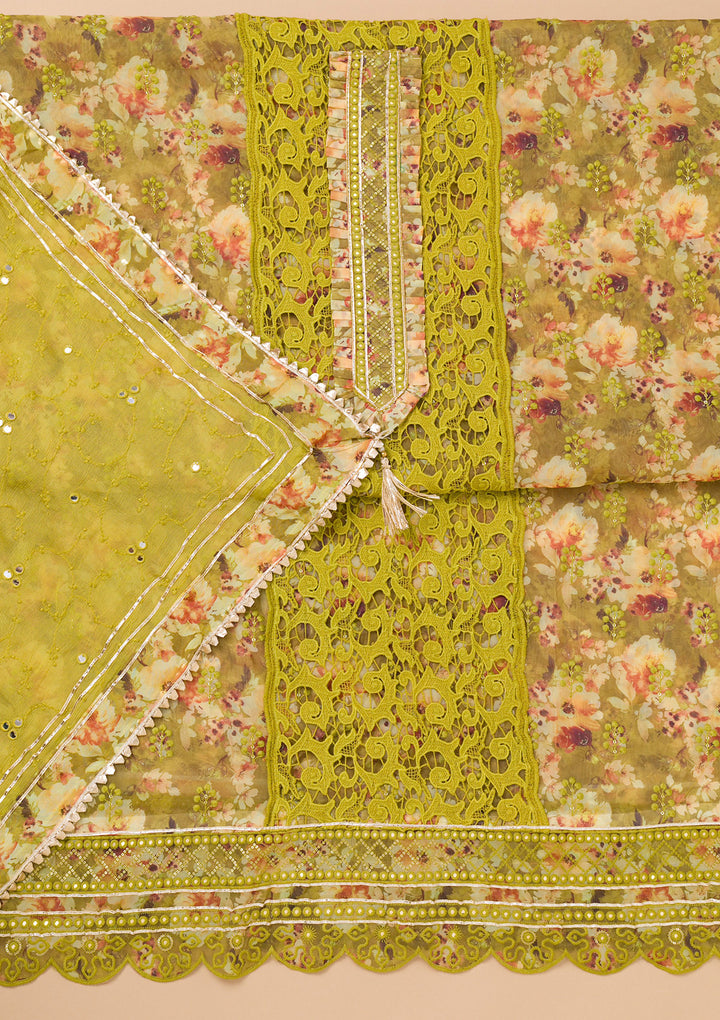 Parrot Green Printed Organza Unstitched Salwar Suit