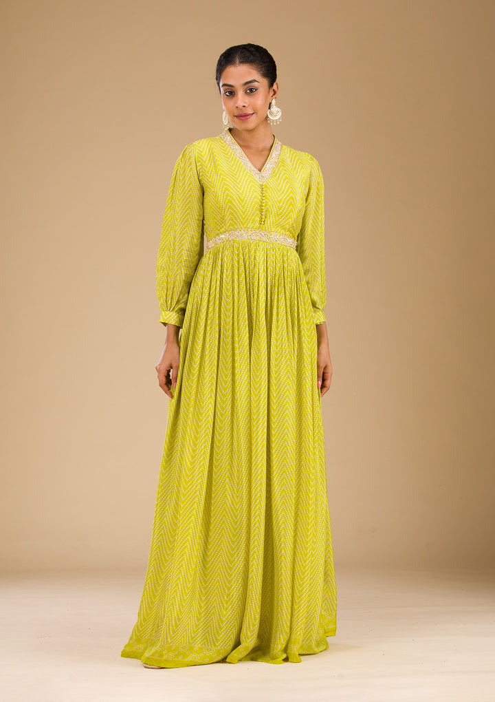Parrot Green Printed Semi Crepe Readymade Salwar Suit