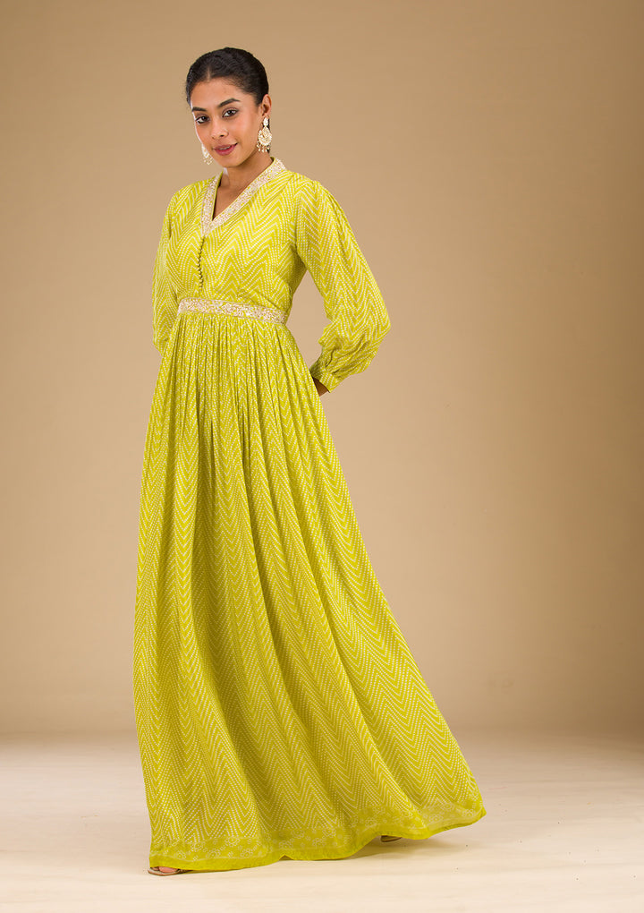 Parrot Green Printed Semi Crepe Readymade Salwar Suit