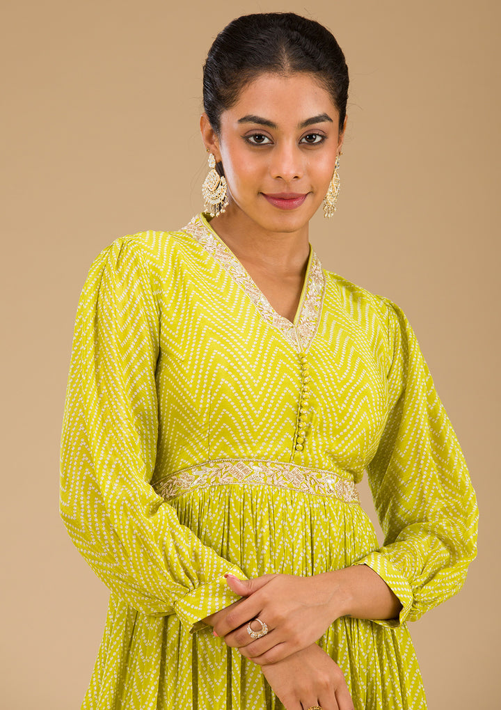Parrot Green Printed Semi Crepe Readymade Salwar Suit