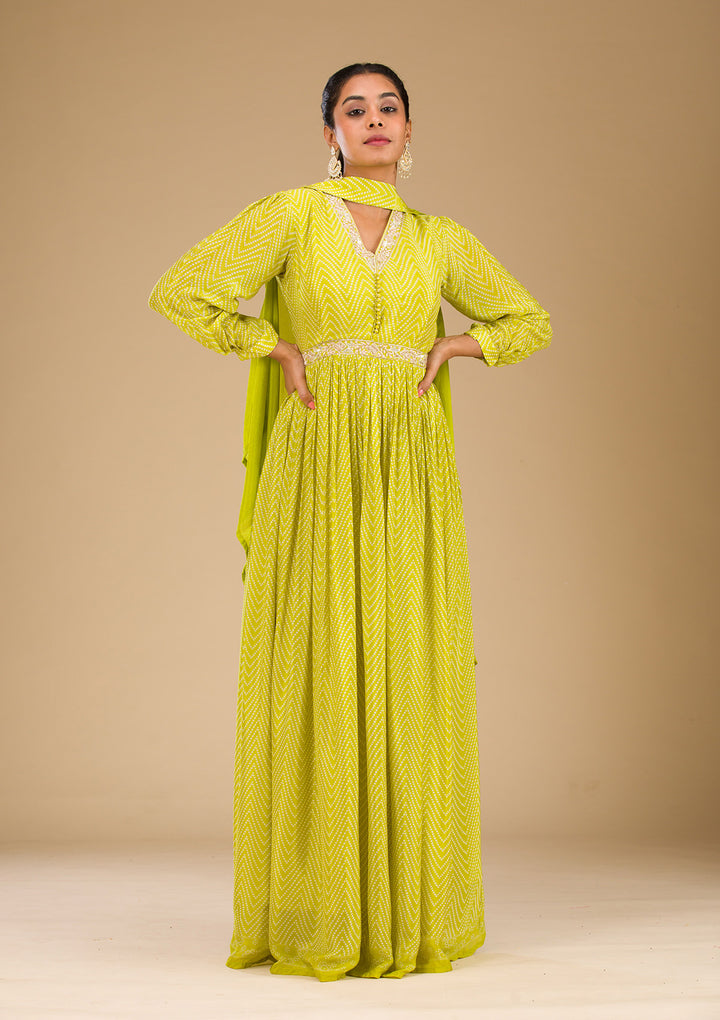 Parrot Green Printed Semi Crepe Readymade Salwar Suit