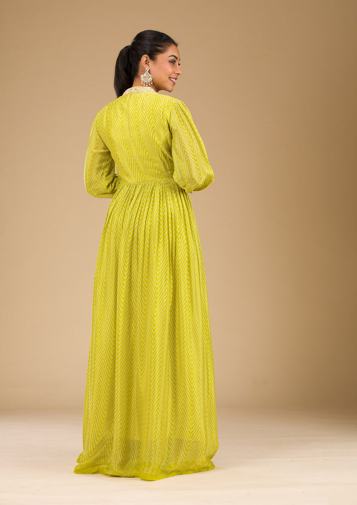 Parrot Green Printed Semi Crepe Readymade Salwar Suit