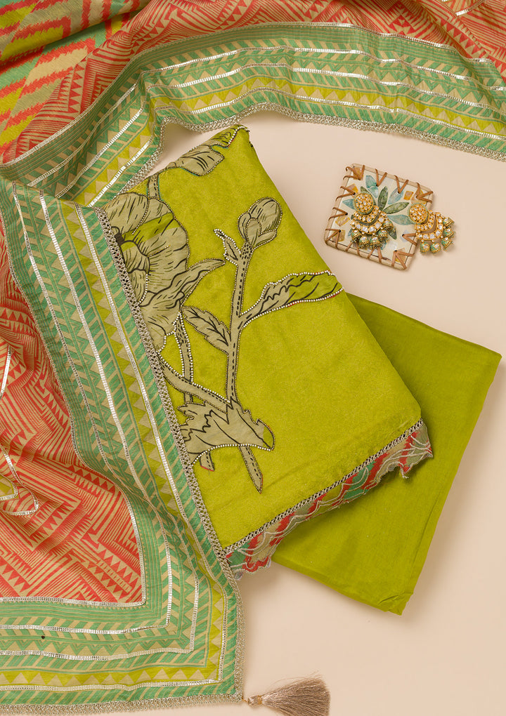 Parrot Green Printed Semi Crepe Unstitched Salwar Suit