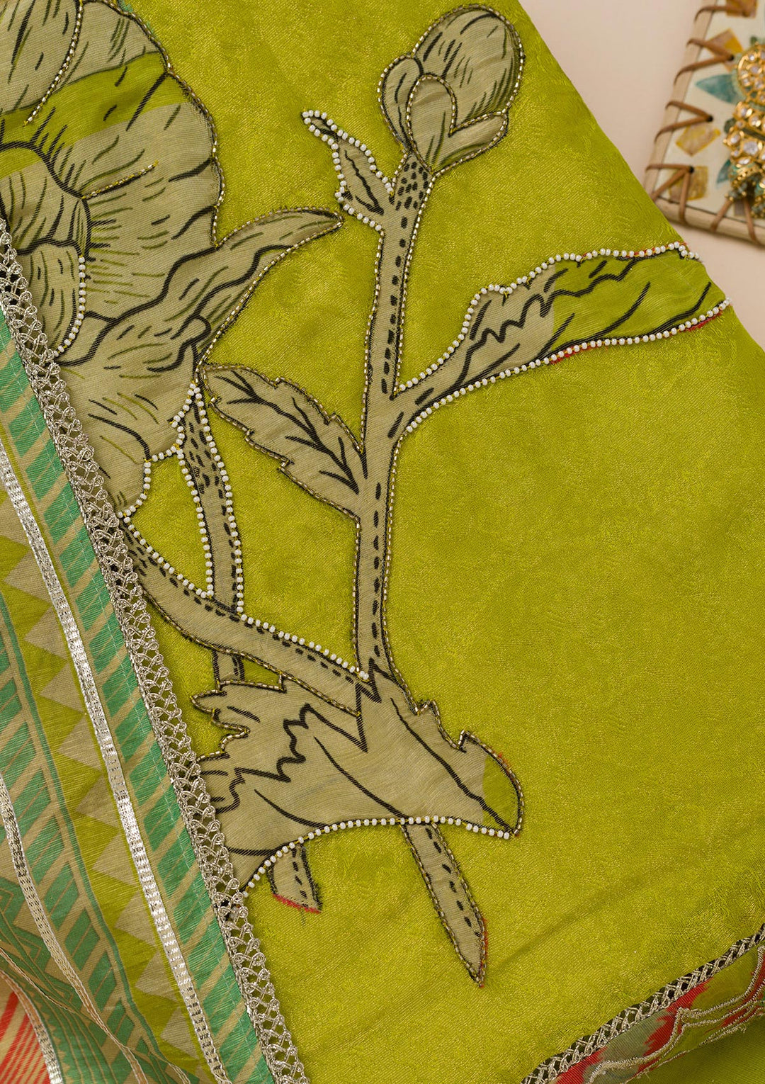 Parrot Green Printed Semi Crepe Unstitched Salwar Suit