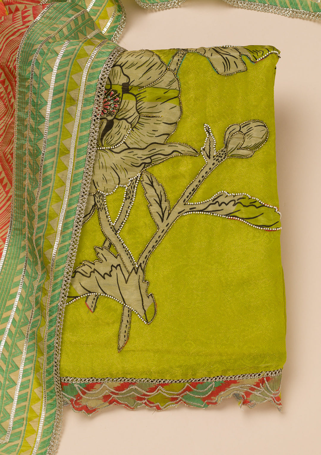 Parrot Green Printed Semi Crepe Unstitched Salwar Suit