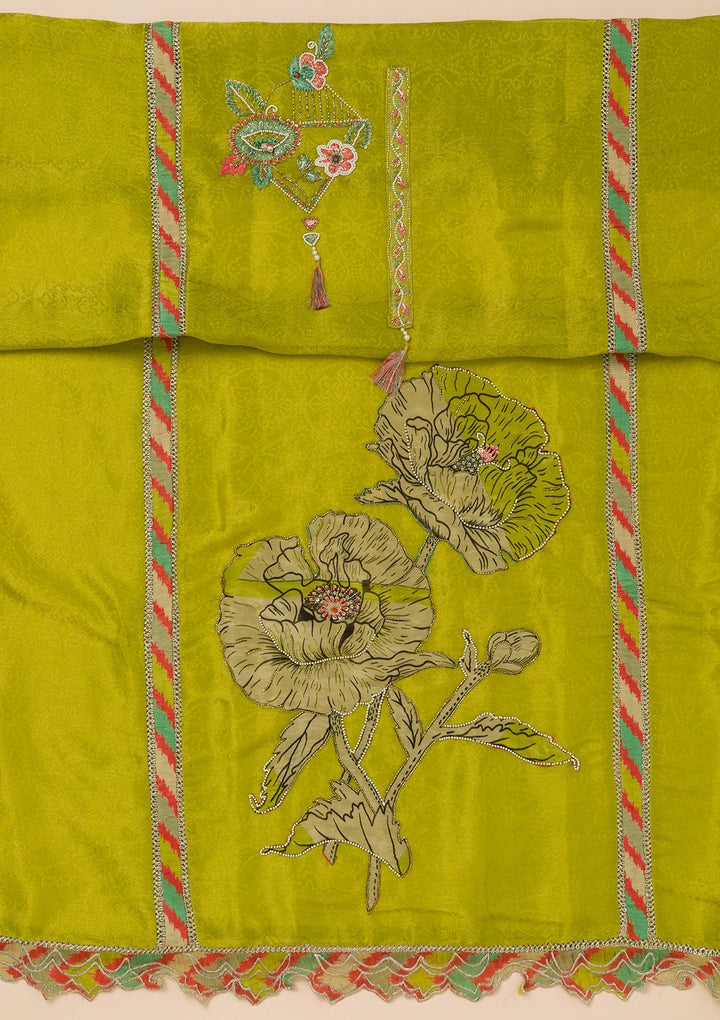 Parrot Green Printed Semi Crepe Unstitched Salwar Suit