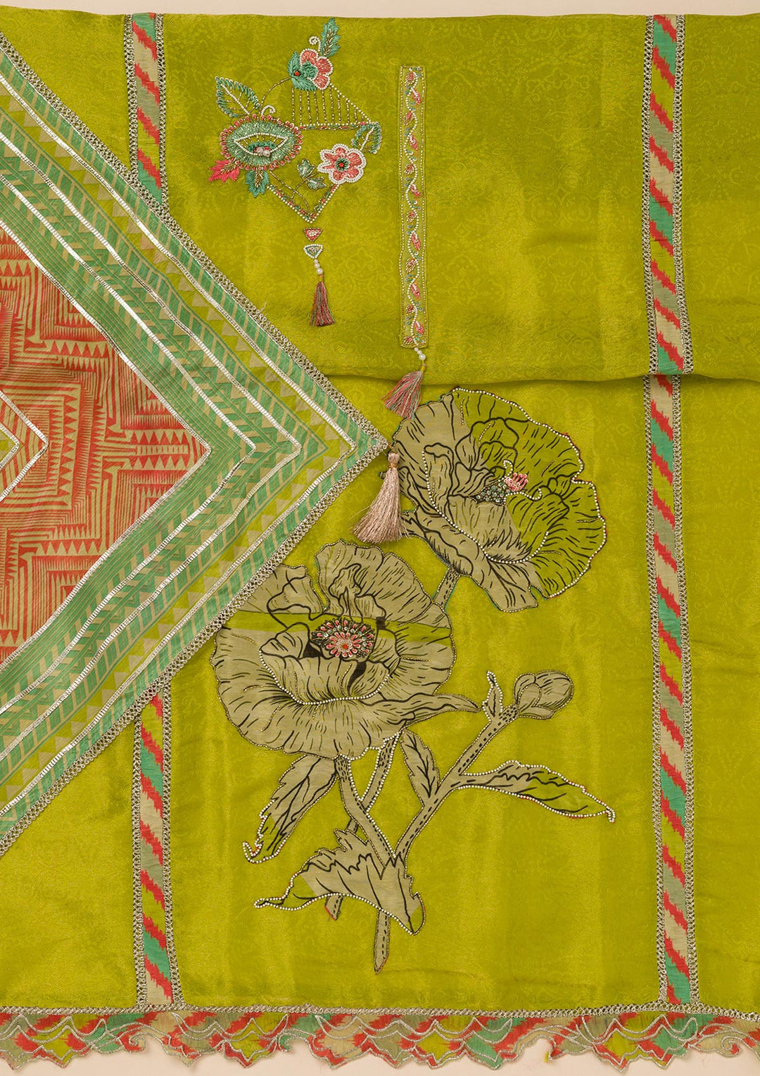 Parrot Green Printed Semi Crepe Unstitched Salwar Suit