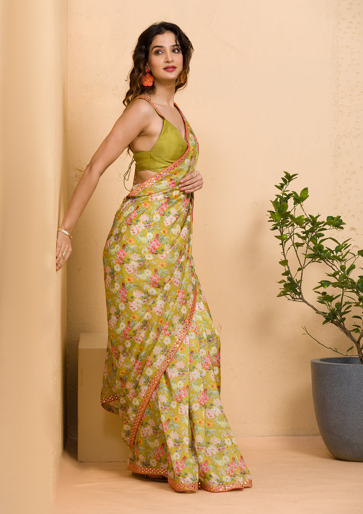 Parrot Green Floral Printed Organza Designer Saree