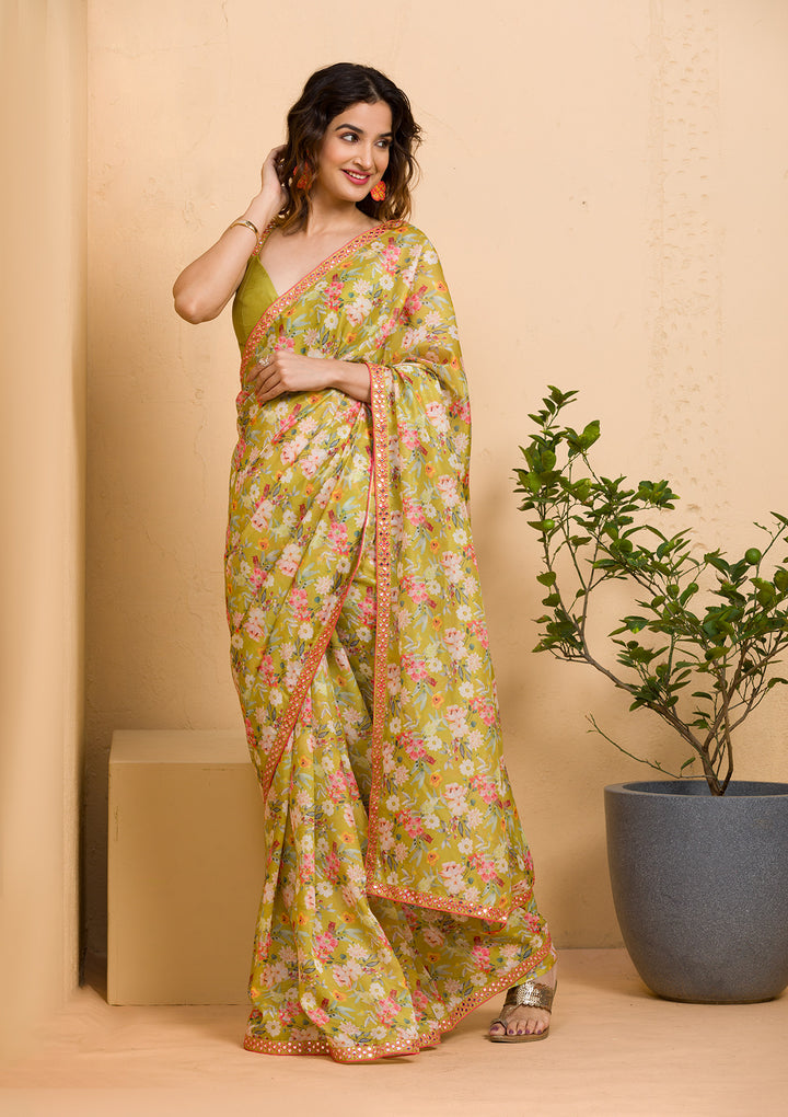 Parrot Green Floral Printed Organza Designer Saree