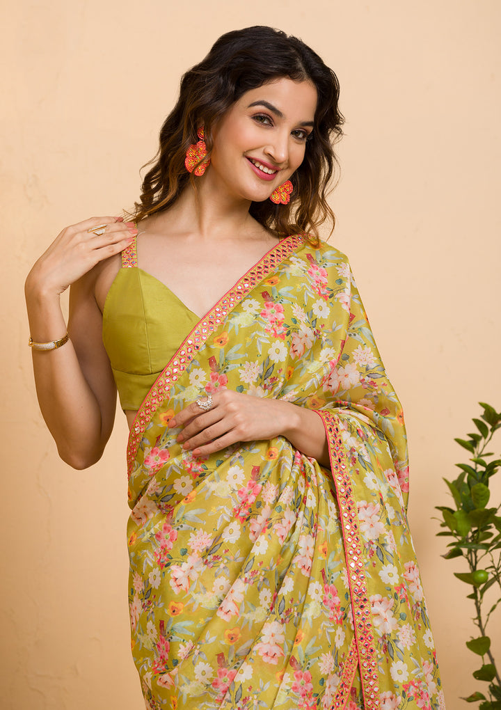 Parrot Green Floral Printed Organza Designer Saree