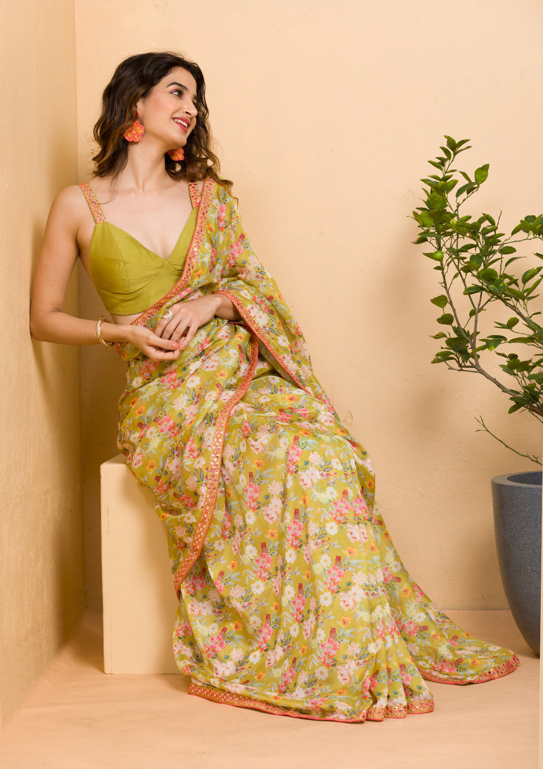 Parrot Green Floral Printed Organza Designer Saree
