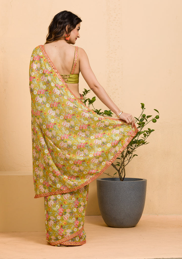 Parrot Green Floral Printed Organza Designer Saree