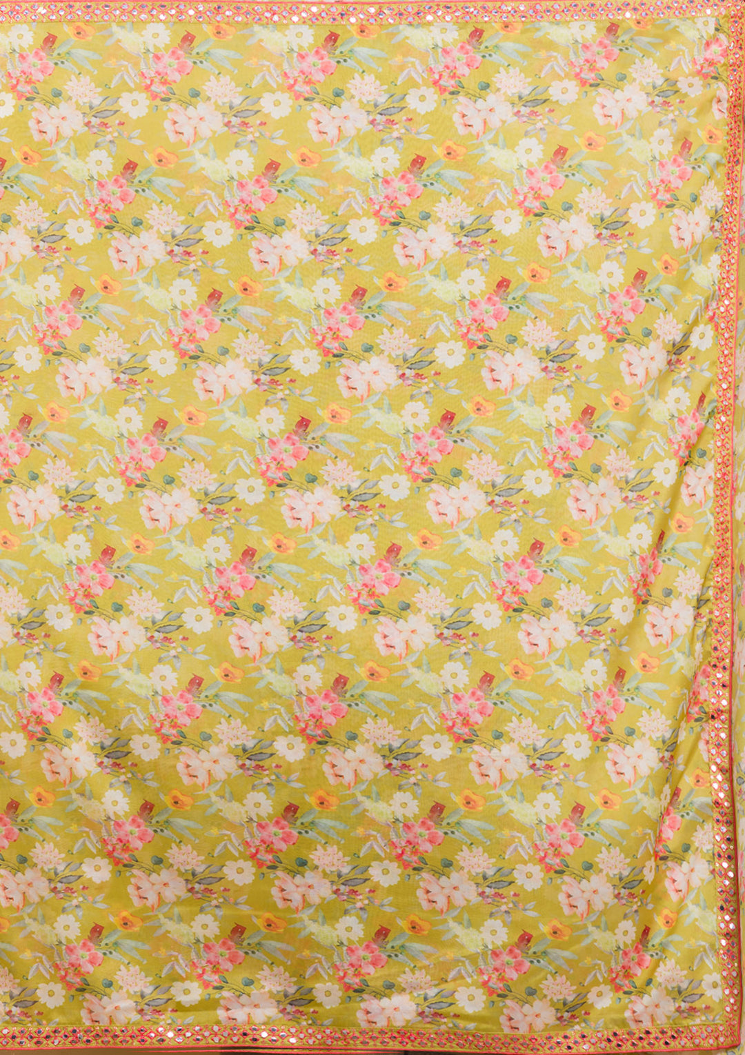 Parrot Green Floral Printed Organza Designer Saree