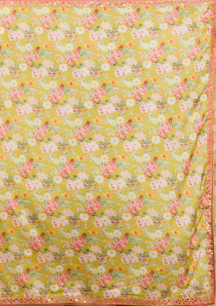 Parrot Green Floral Printed Organza Designer Saree