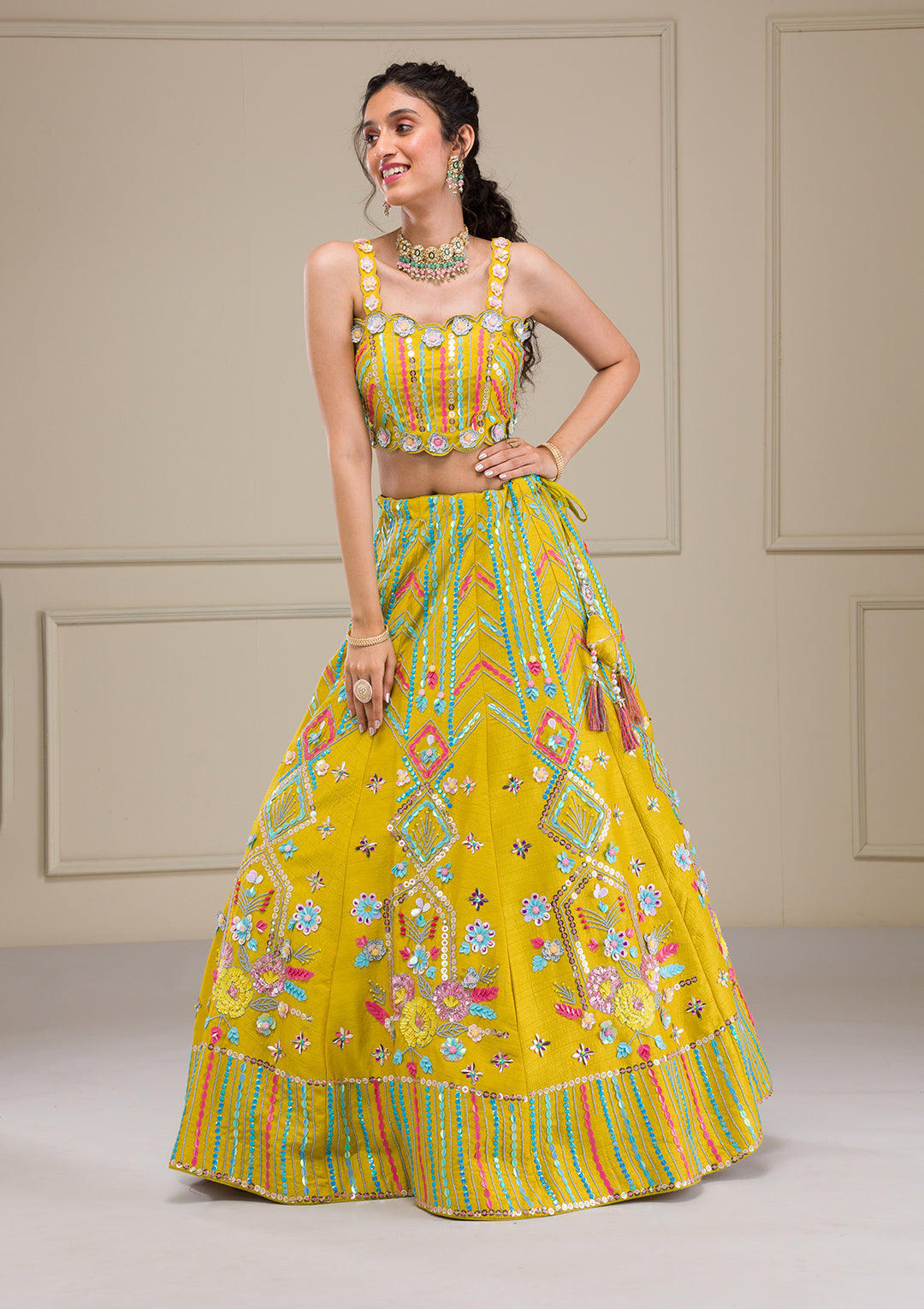 Parrot Green Sequins Raw Silk Readymade Lehenga