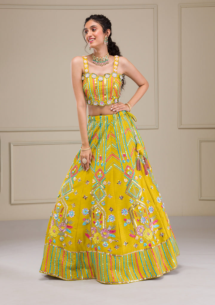Parrot Green Sequins Raw Silk Readymade Lehenga