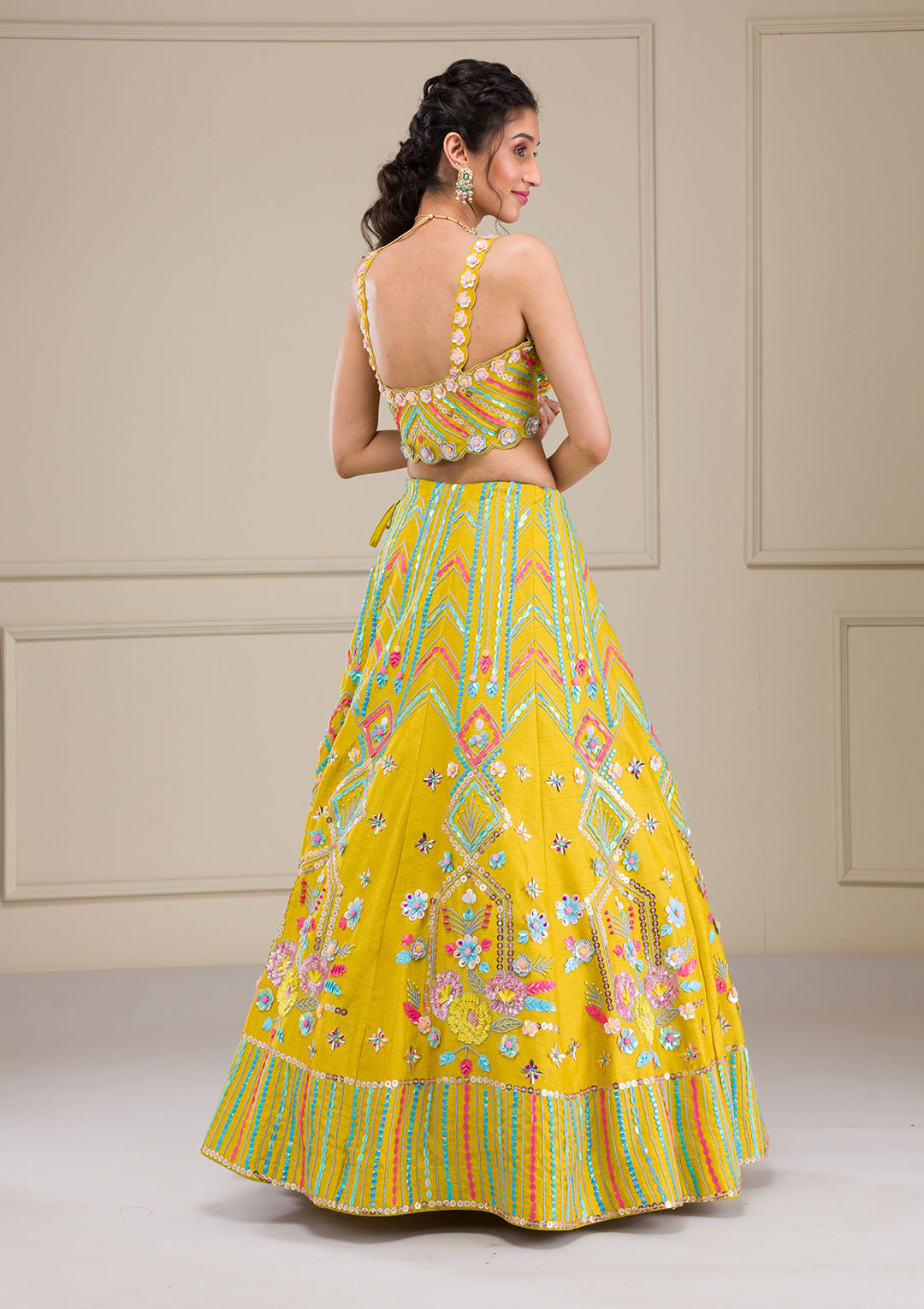 Parrot Green Sequins Raw Silk Readymade Lehenga