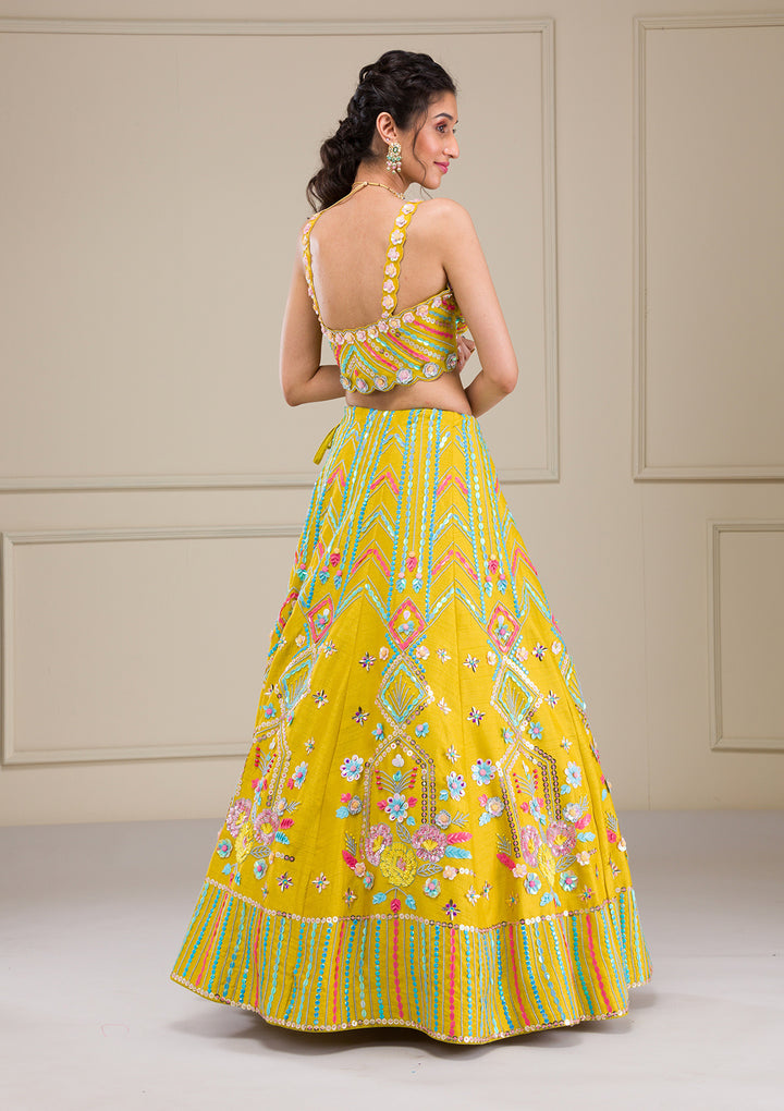 Parrot Green Sequins Raw Silk Readymade Lehenga