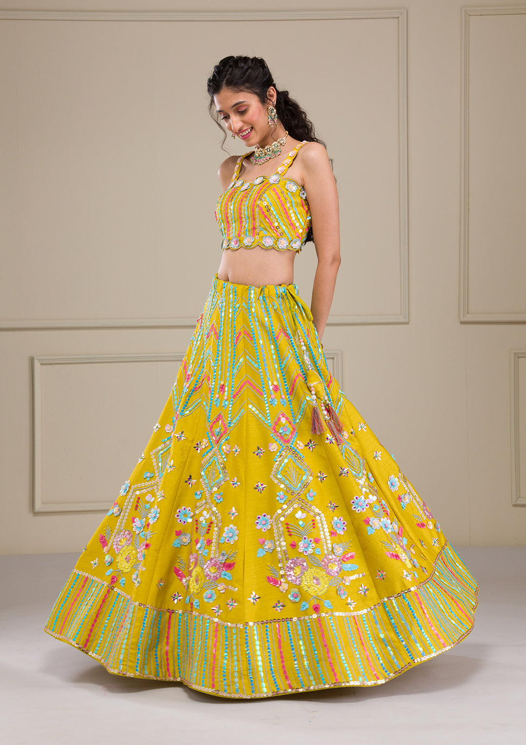 Parrot Green Sequins Raw Silk Readymade Lehenga