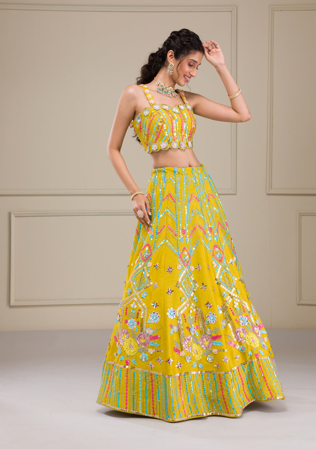 Parrot Green Sequins Raw Silk Readymade Lehenga