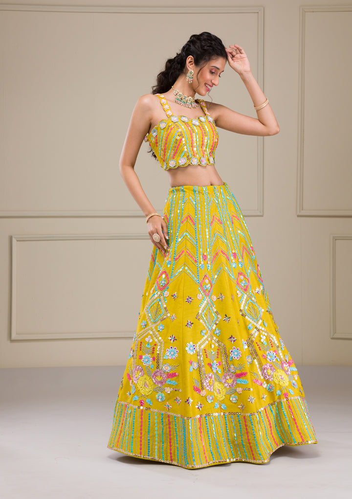Parrot Green Sequins Raw Silk Readymade Lehenga