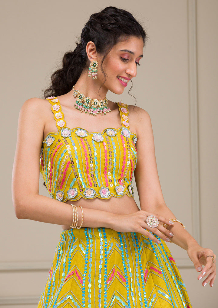 Parrot Green Sequins Raw Silk Readymade Lehenga