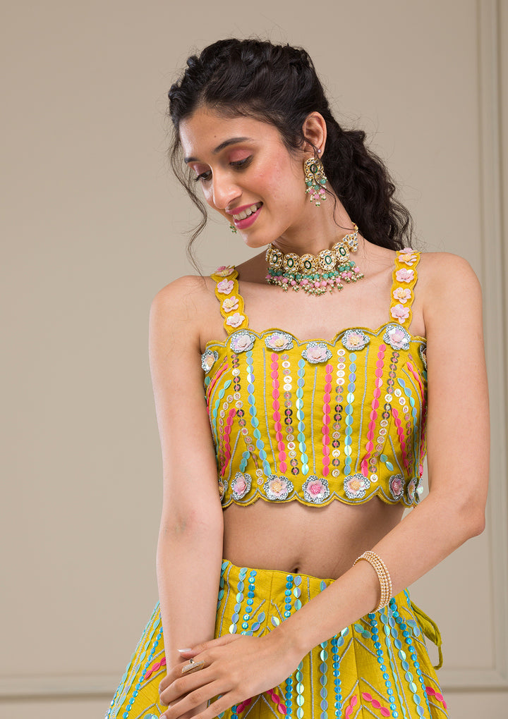 Parrot Green Sequins Raw Silk Readymade Lehenga