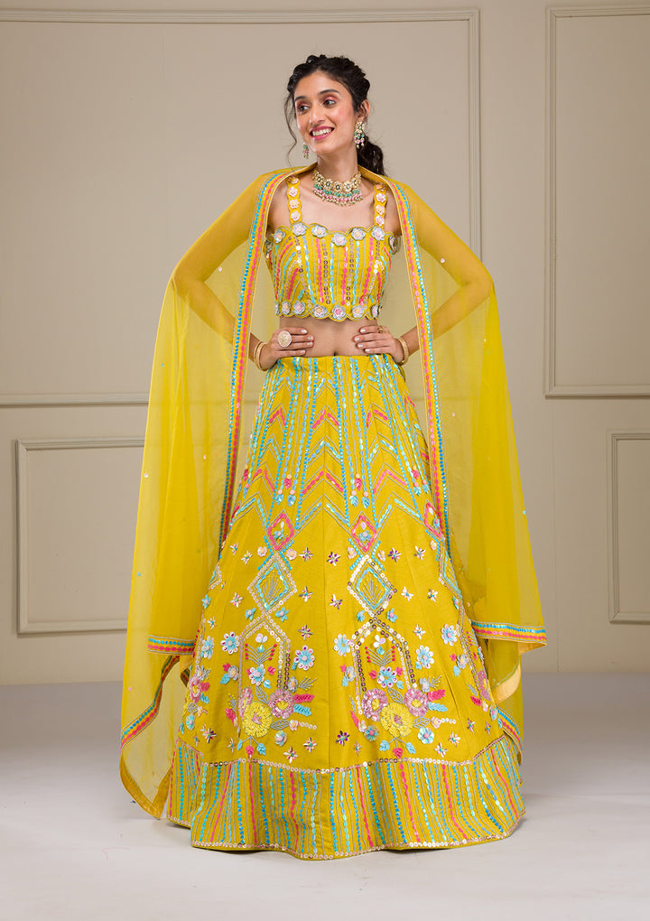 Parrot Green Sequins Raw Silk Readymade Lehenga
