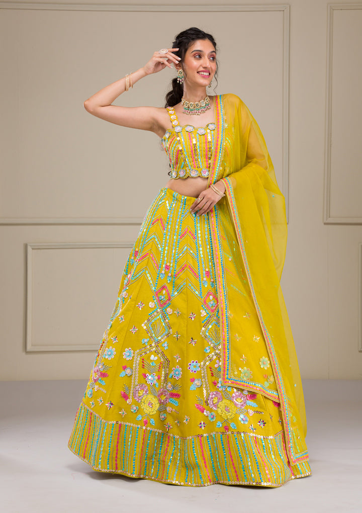 Parrot Green Sequins Raw Silk Readymade Lehenga