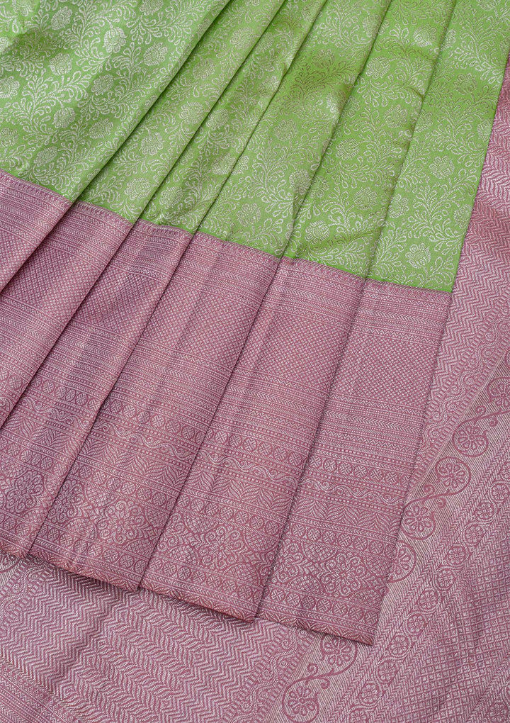 Parrot Green Silver Zariwork Pure Silk Saree