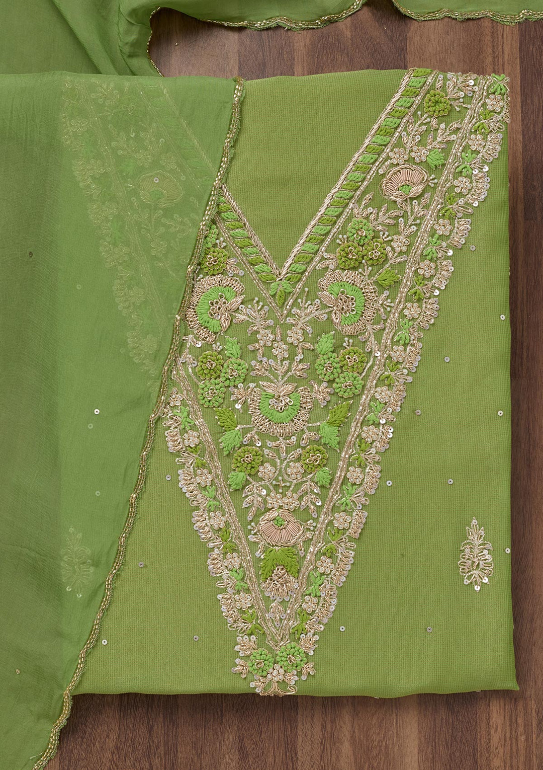 Parrot Green Stonework Tissue Unstitched Salwar Suit