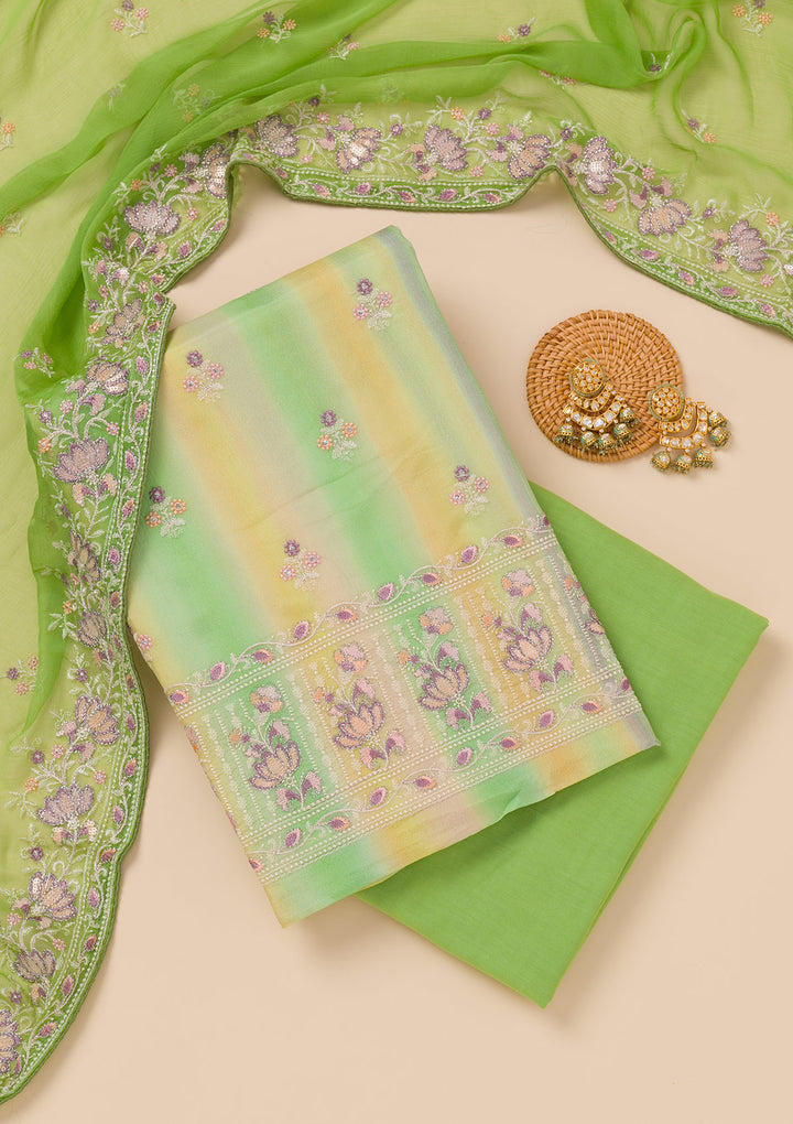 Parrot Green Threadwork Chiffon Unstitched Salwar Suit