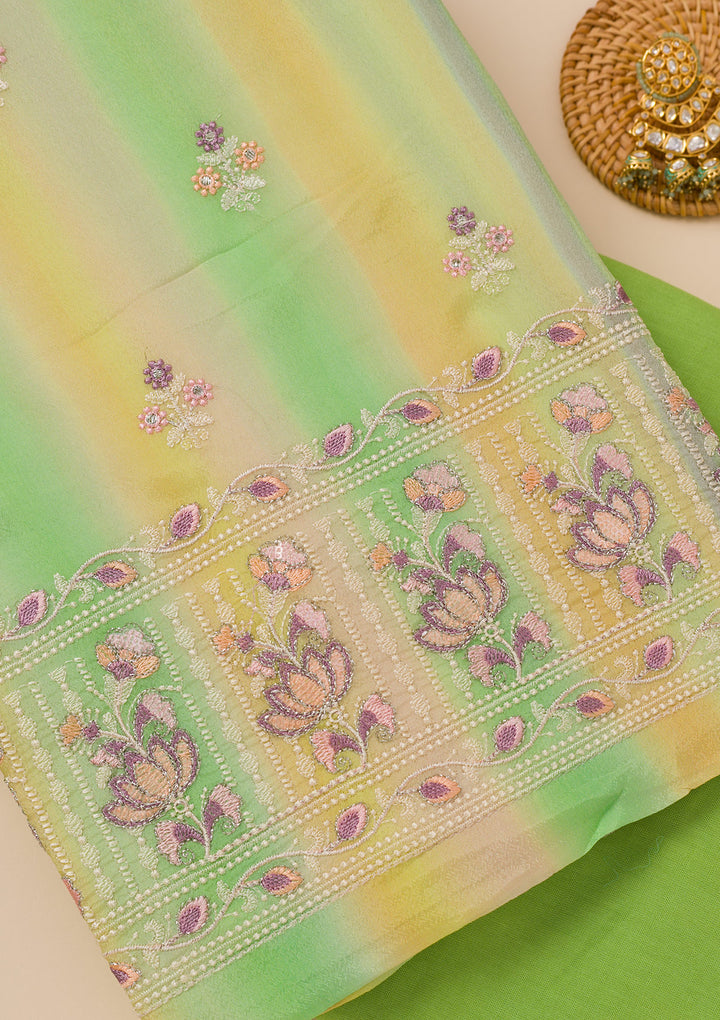 Parrot Green Threadwork Chiffon Unstitched Salwar Suit