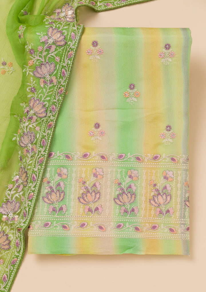 Parrot Green Threadwork Chiffon Unstitched Salwar Suit