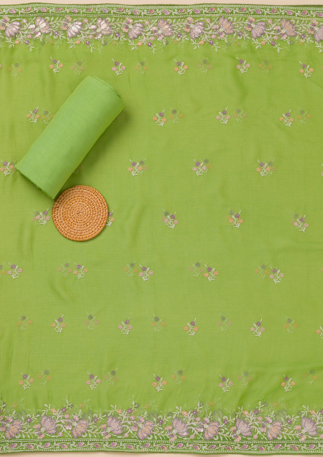 Parrot Green Threadwork Chiffon Unstitched Salwar Suit