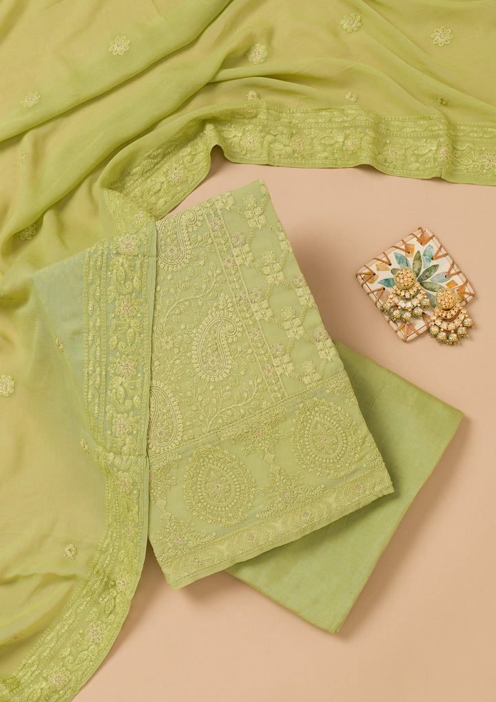 Parrot Green Threadwork Georgette Unstitched Salwar Suit