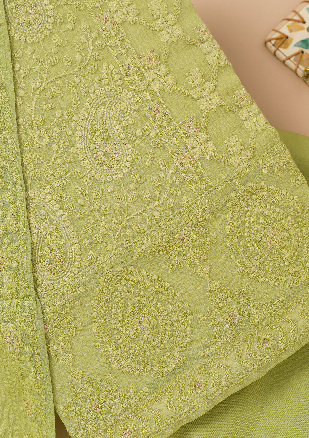 Parrot Green Threadwork Georgette Unstitched Salwar Suit