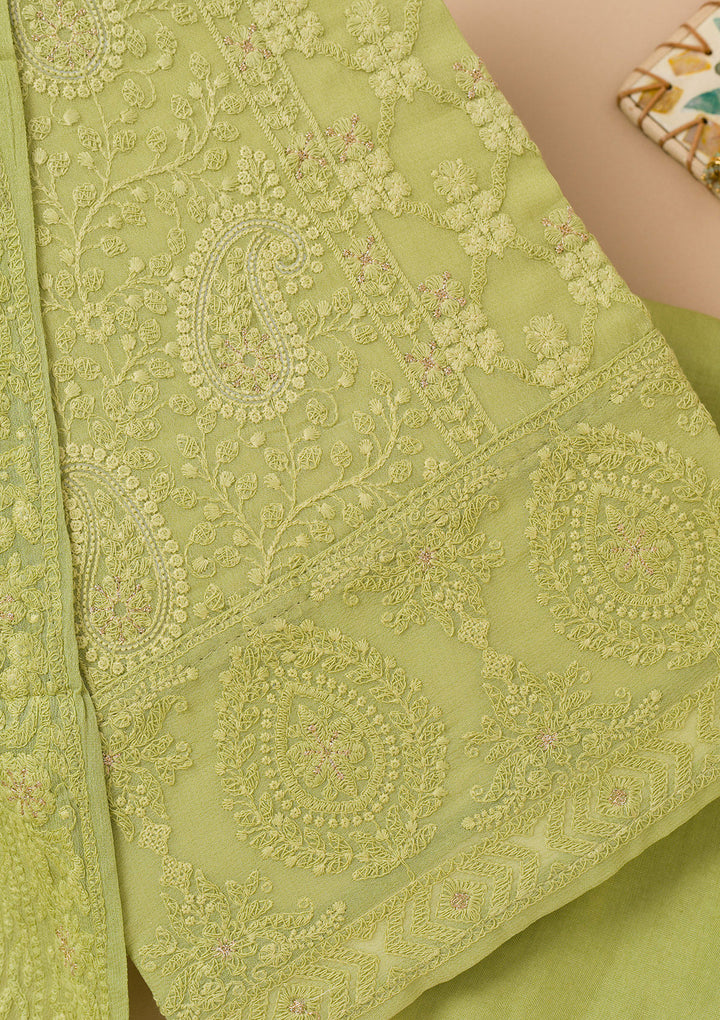 Parrot Green Threadwork Georgette Unstitched Salwar Suit