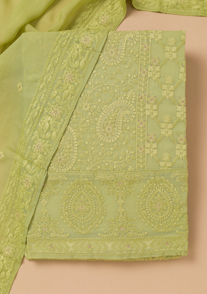 Parrot Green Threadwork Georgette Unstitched Salwar Suit