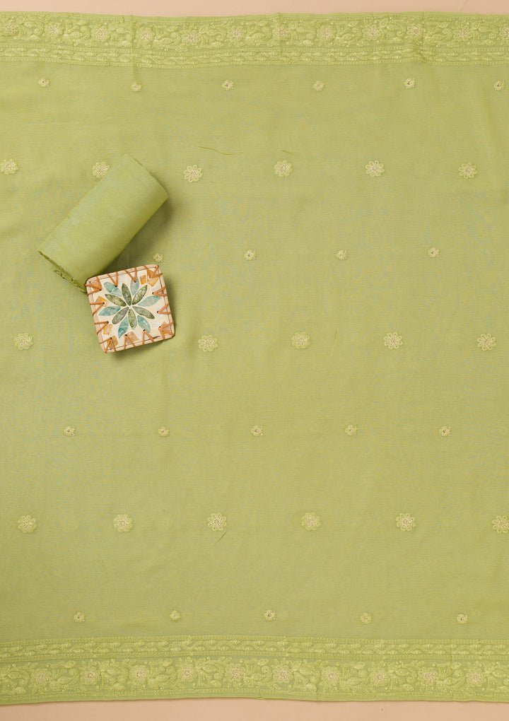 Parrot Green Threadwork Georgette Unstitched Salwar Suit