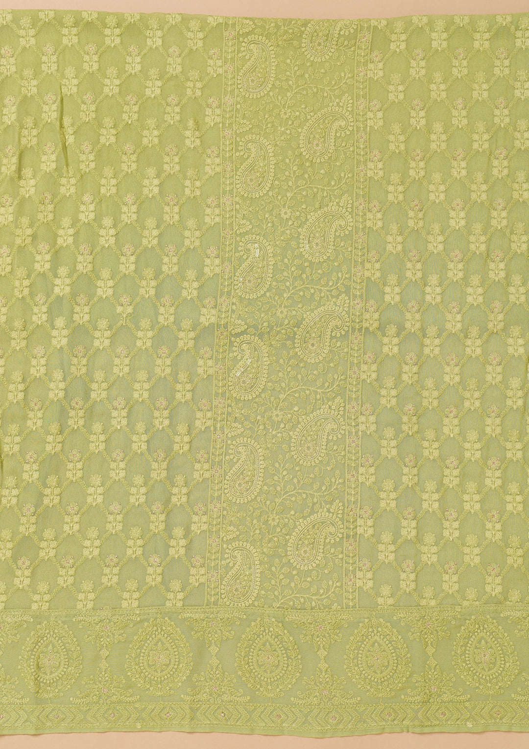 Parrot Green Threadwork Georgette Unstitched Salwar Suit