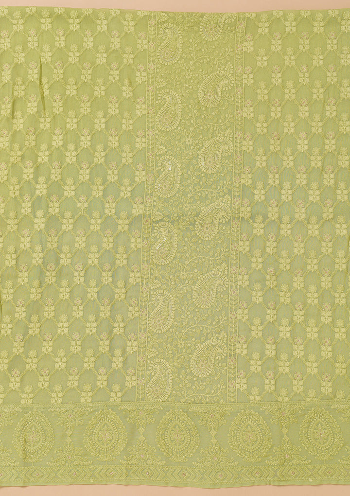 Parrot Green Threadwork Georgette Unstitched Salwar Suit