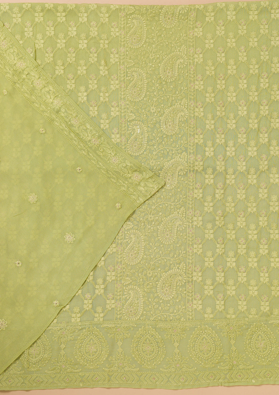 Parrot Green Threadwork Georgette Unstitched Salwar Suit