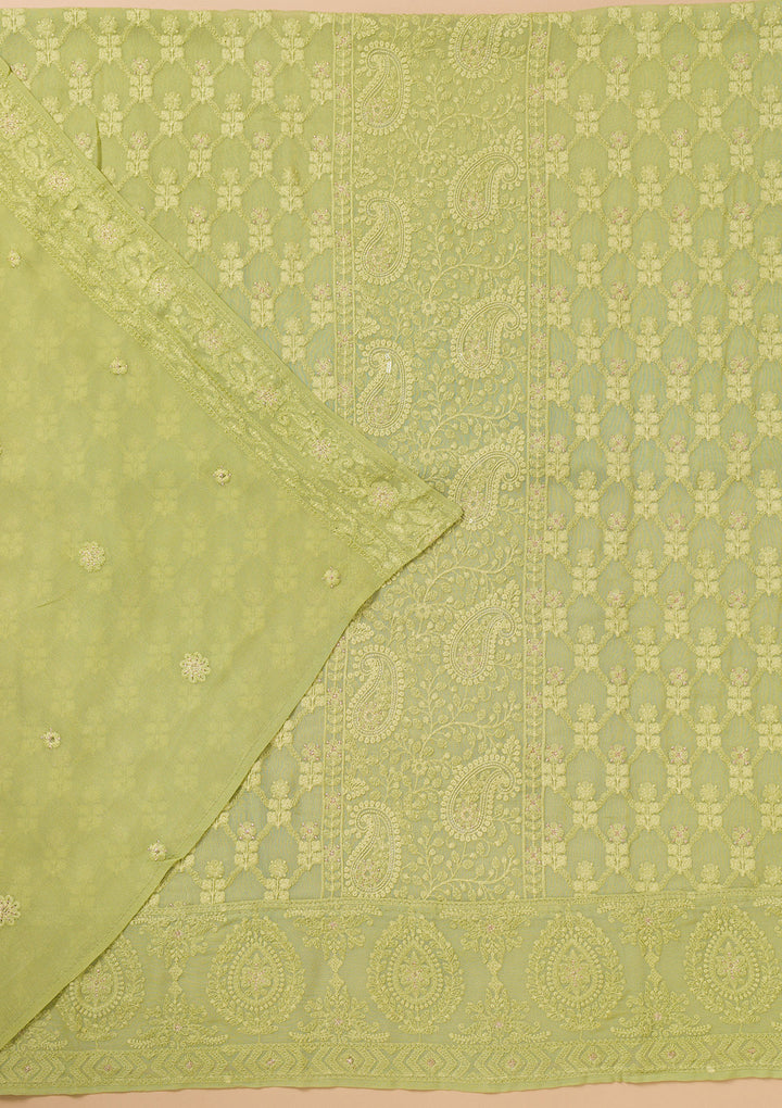 Parrot Green Threadwork Georgette Unstitched Salwar Suit
