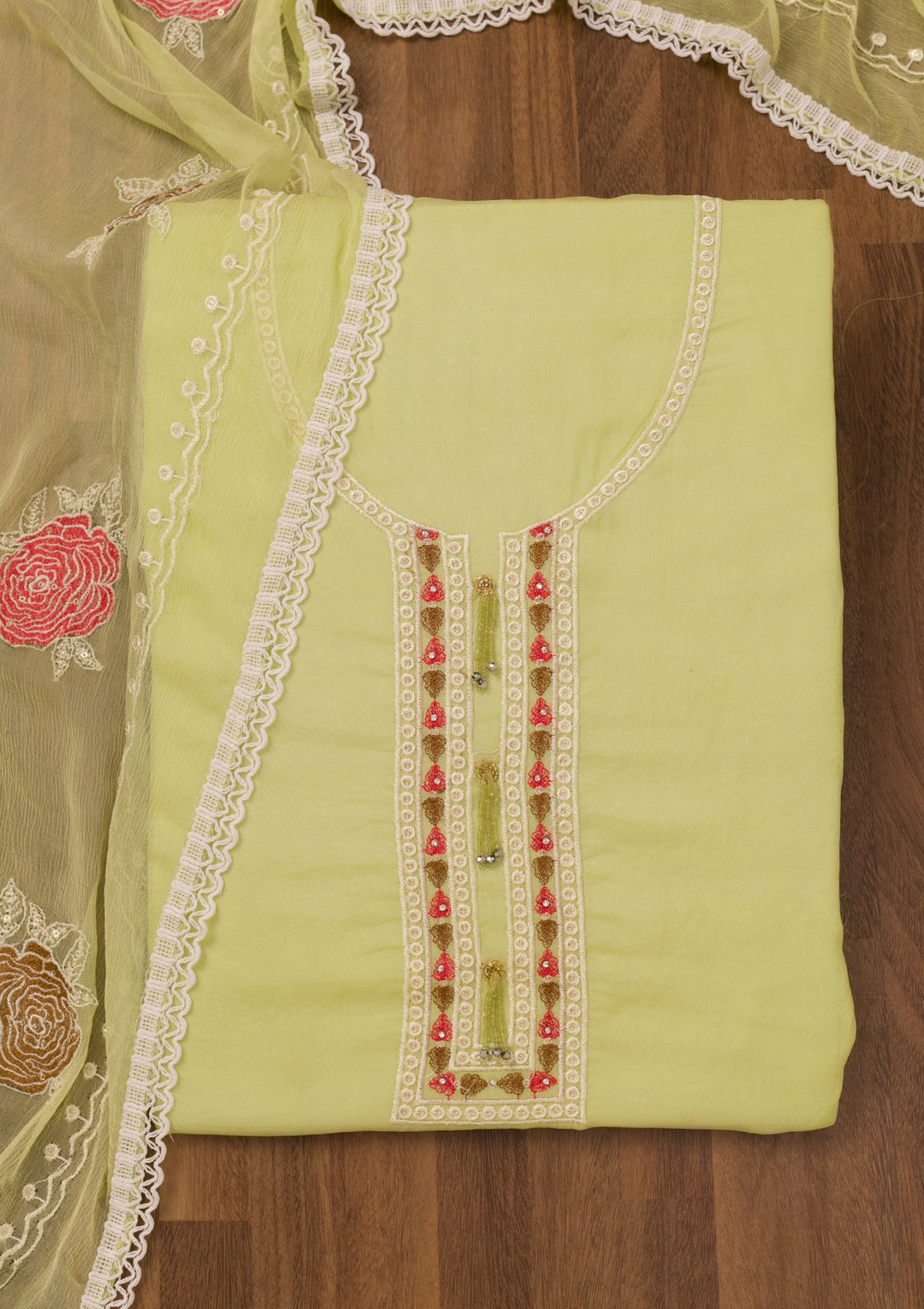 Parrot Green Threadwork Georgette Unstitched Salwar Suit