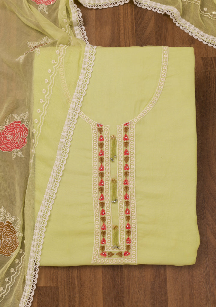 Parrot Green Threadwork Georgette Unstitched Salwar Suit