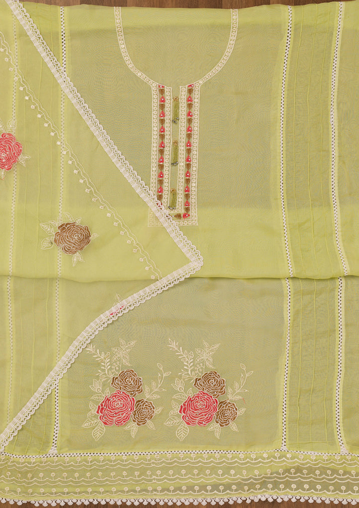 Parrot Green Threadwork Georgette Unstitched Salwar Suit