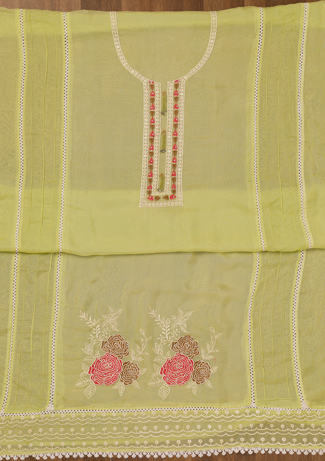 Parrot Green Threadwork Georgette Unstitched Salwar Suit